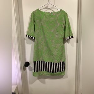 Shift Dress in Green Paisley with Black Striped Block